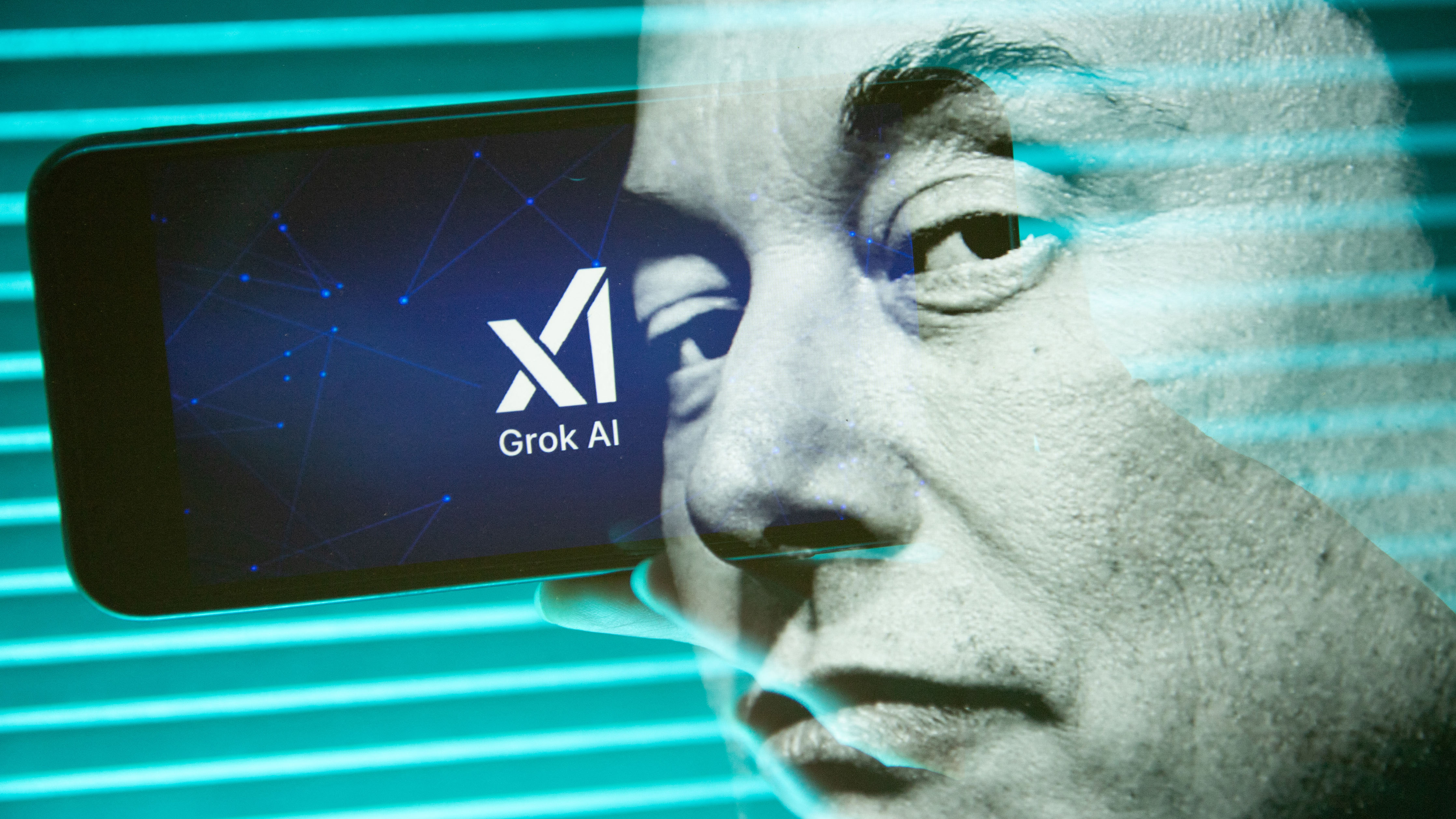 A composite image of Elon Musk and a phone running his Grok AI software