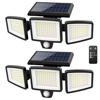 Tuffenough Solar Outdoor Lights 2500lm 210 Led Security Lights With Remote Control,3 Heads Motion Sensor Lights, Ip65 Waterproof,270° Wide Angle Flood Wall Lights With 3 Modes(2 Packs)