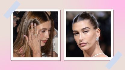 Hailey Bieber's tattoos: The right picture shows Hailey pushing her hair out of her face, showing off her delicate tattoos/ and the left picture shows Hailey at the Met Gala 2022 with her 'Lover' neck tattoo on display / in a pink, cream and blue template