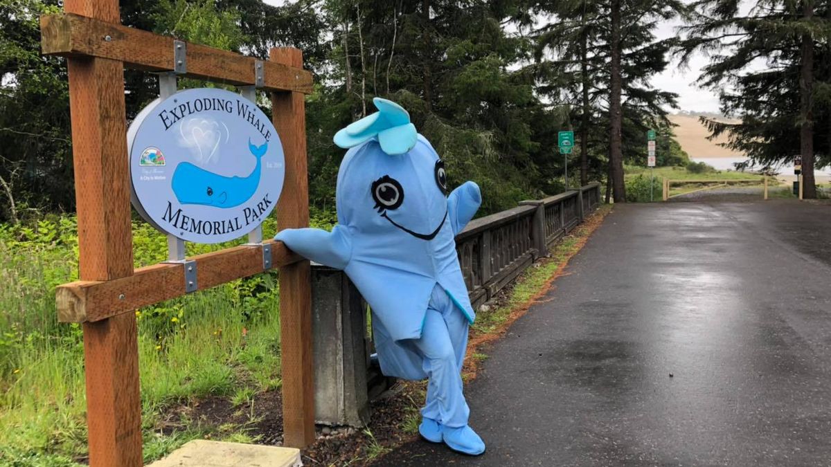 Next to the park&#039;s new sign is &quot;Flo the Whale,&quot; a mascot that a local community member created in anticipation of the 50th anniversary of the exploding whale event.