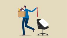 Concept image showing female office worker quitting her job and leaving with office supplies in a cardboard box.