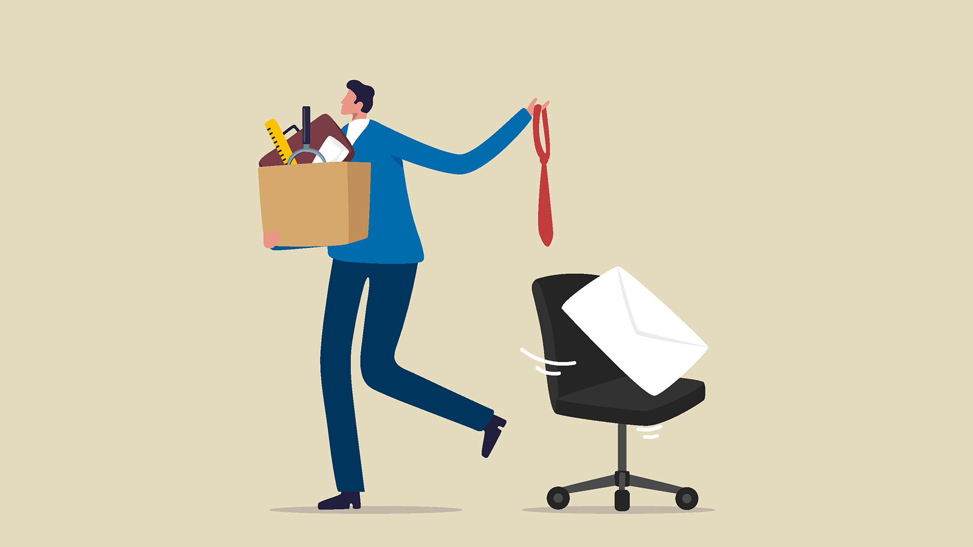 Concept image showing female office worker quitting her job and leaving with office supplies in a cardboard box.