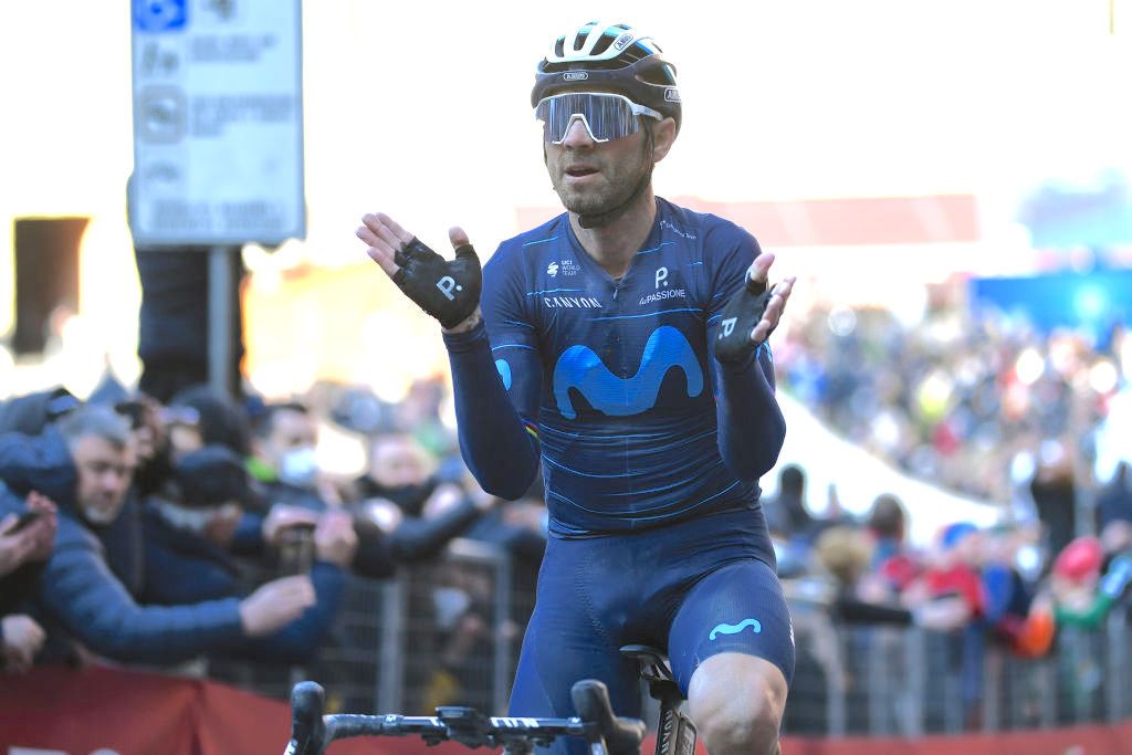 SIENA, ITALY - MARCH 05: Alejandro Valverde Belmonte of Spain and Movistar Team reacts crossing the finish line on second place during the Eroica - 16th Strade Bianche 2022 - Men&#039;s Elite a 184km one day race from Siena to Siena - Piazza del Campo 321m / #StradeBianche / #WorldTour / on March 05, 2022 in Siena, Italy. (Photo by Tim de Waele/Getty Images)