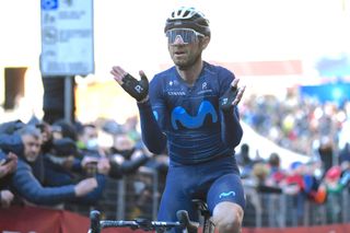 SIENA, ITALY - MARCH 05: Alejandro Valverde Belmonte of Spain and Movistar Team reacts crossing the finish line on second place during the Eroica - 16th Strade Bianche 2022 - Men's Elite a 184km one day race from Siena to Siena - Piazza del Campo 321m / #StradeBianche / #WorldTour / on March 05, 2022 in Siena, Italy. (Photo by Tim de Waele/Getty Images)