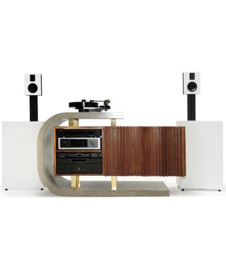 Brutalist Modern Walnut Concrete and Brass Audiophile Sideboard Credenza