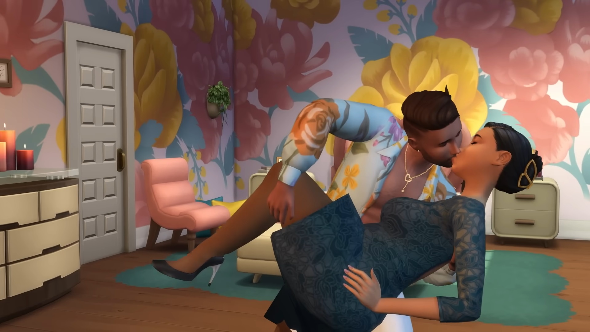 The Sims 4 Lovestruck - one Sim dips another Sim into a kiss in a bedroom