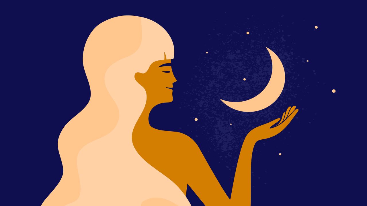 Vector illustration of smiling woman with long light hair holding crescent moon in hand 