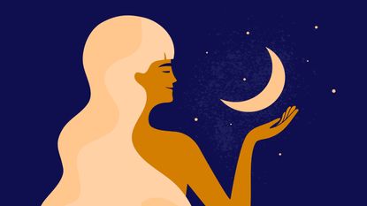 Vector illustration of smiling woman with long light hair holding crescent moon in hand 