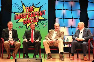 Panelists at The Independent Show’s opening session (from l.) Michael Bowker, Cable One; John Colbert, Fidelity; Brian Lynch, Schurz; and Brad Moline, Allo.