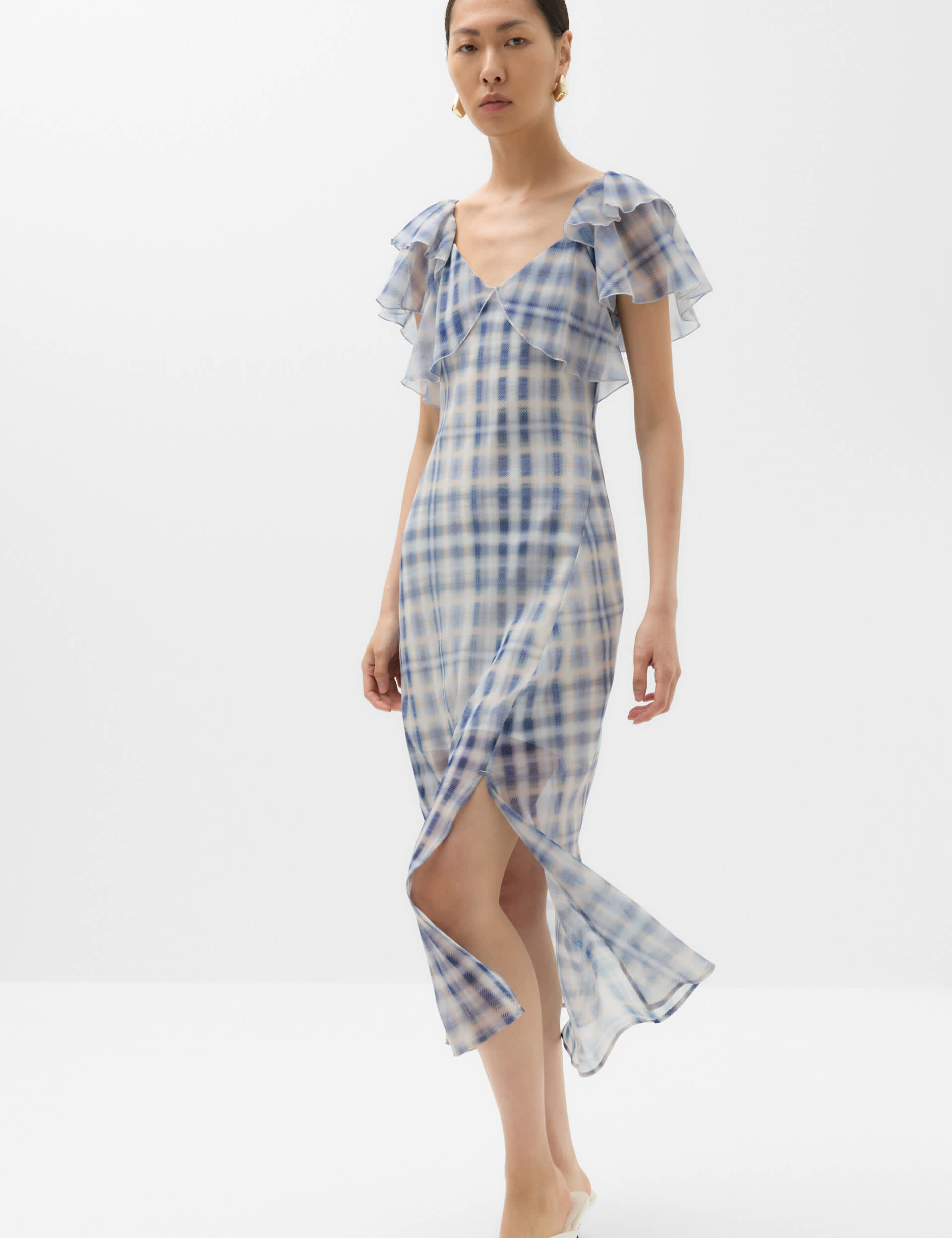 Checked Frill Sleeve Maxi Column Dress