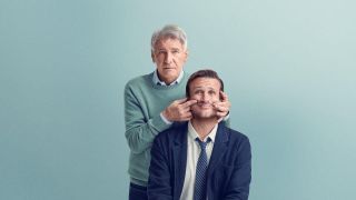 Harrison Ford holding Jason Segel's face in a promotional shot for Shrinking