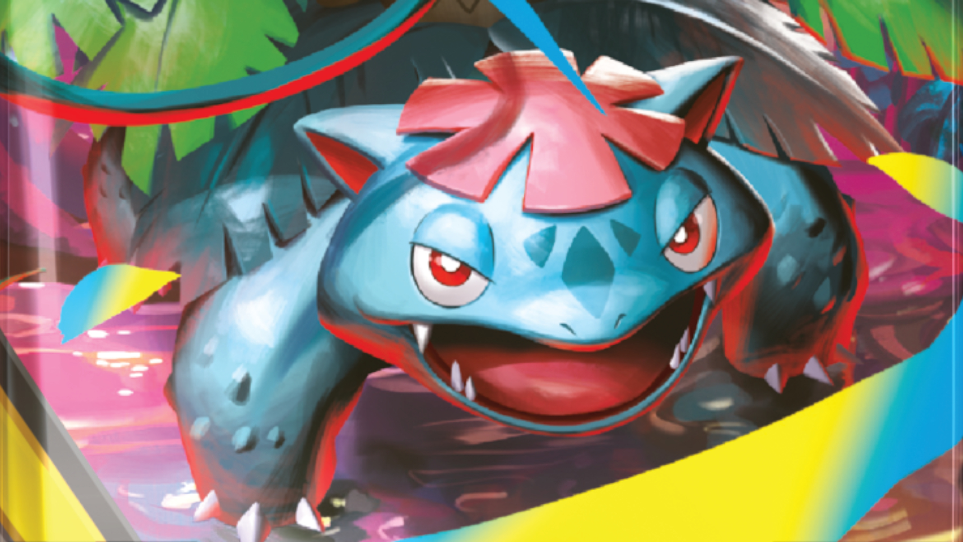 A Venasaur roars into the foreground, with yellow and blue effects winding in front of them as they stand on pink goo