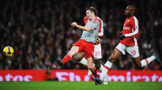 Robbie Keane scoring for Liverpool against Arsenal in 2008