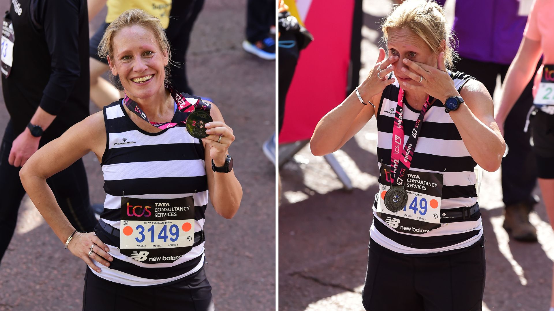 Two photos of Sophie Raworth taking part in the 2022 London Marathon