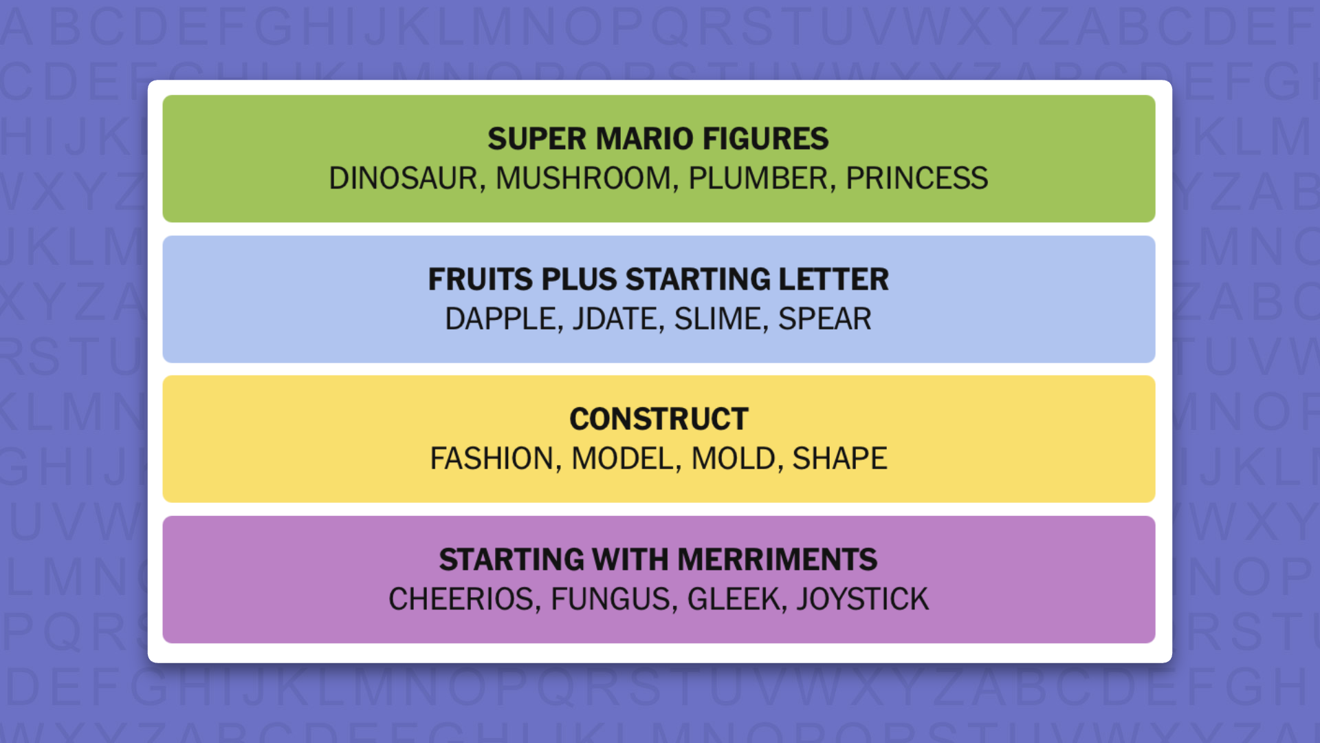 NYT Connections answers for game 1146 on a purple background