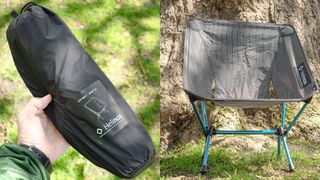 Helinox Chair Zero in its bag and assembled outside