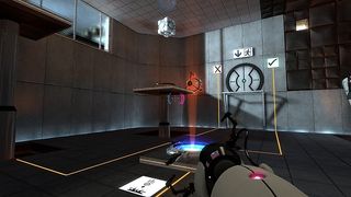 A screenshot from Portal, showing a test chamber with a raised platform, cube, and door.