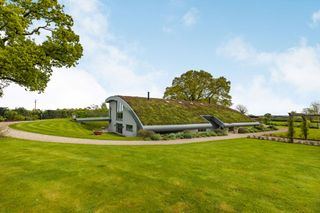Grass roof of an eco home blending into the surrounding countryside