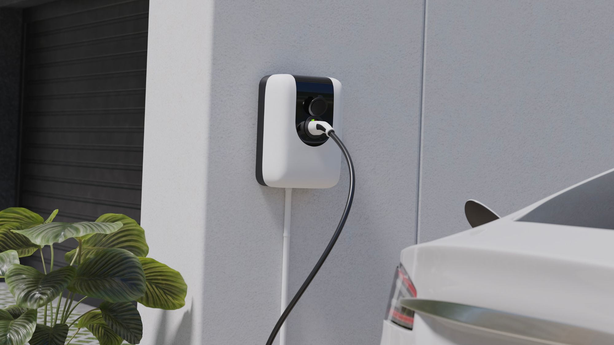 Black and white EV charger on a wall with a car and plant in the shot 