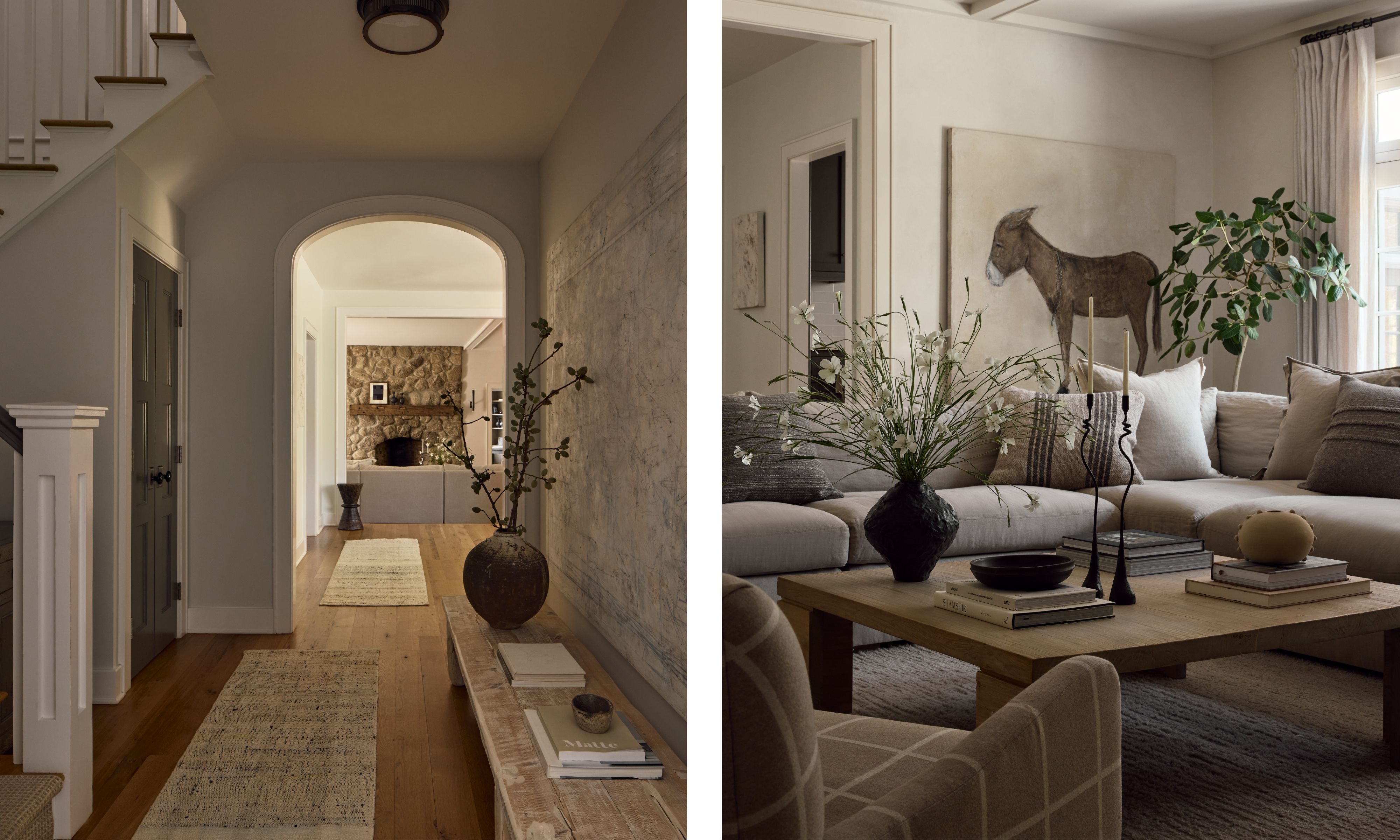 Two images of an entryway and a living room. The entryway is neutral with an arched door with viewing into the living room. There is a jute runner and wooden floors and a wooden bench decorated with some books and a vase of branches. The living room is beige with a large corner sofa and a wooden coffee table