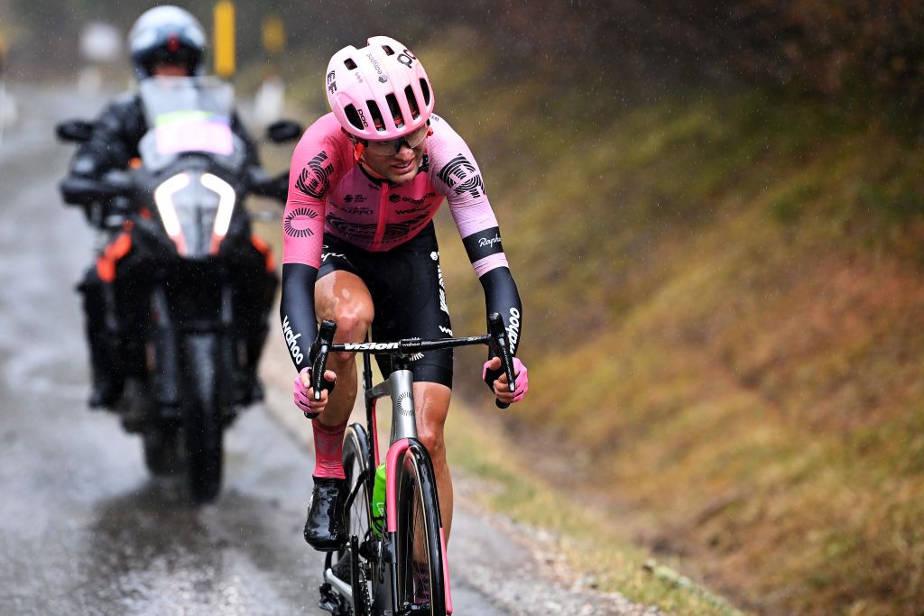 BRUNICO ITALY APRIL 21 Simon Carr of United Kingdom and Team EF EducationEasypost competes in the breakaway during the 46th Tour of the Alps 2023 Stage 5 a 1445km stage from Cavalese to Brunico on April 21 2023 in Brunico Italy Photo by Tim de WaeleGetty Images