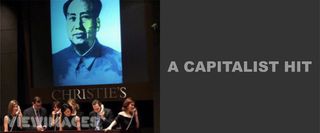 Left: Auction of Mao's portrait by Andy Warhol. Right: "A CAPITALIST HIT" in white text
