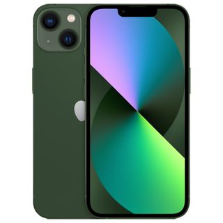 The iPhone 13 in green, from the front and back
