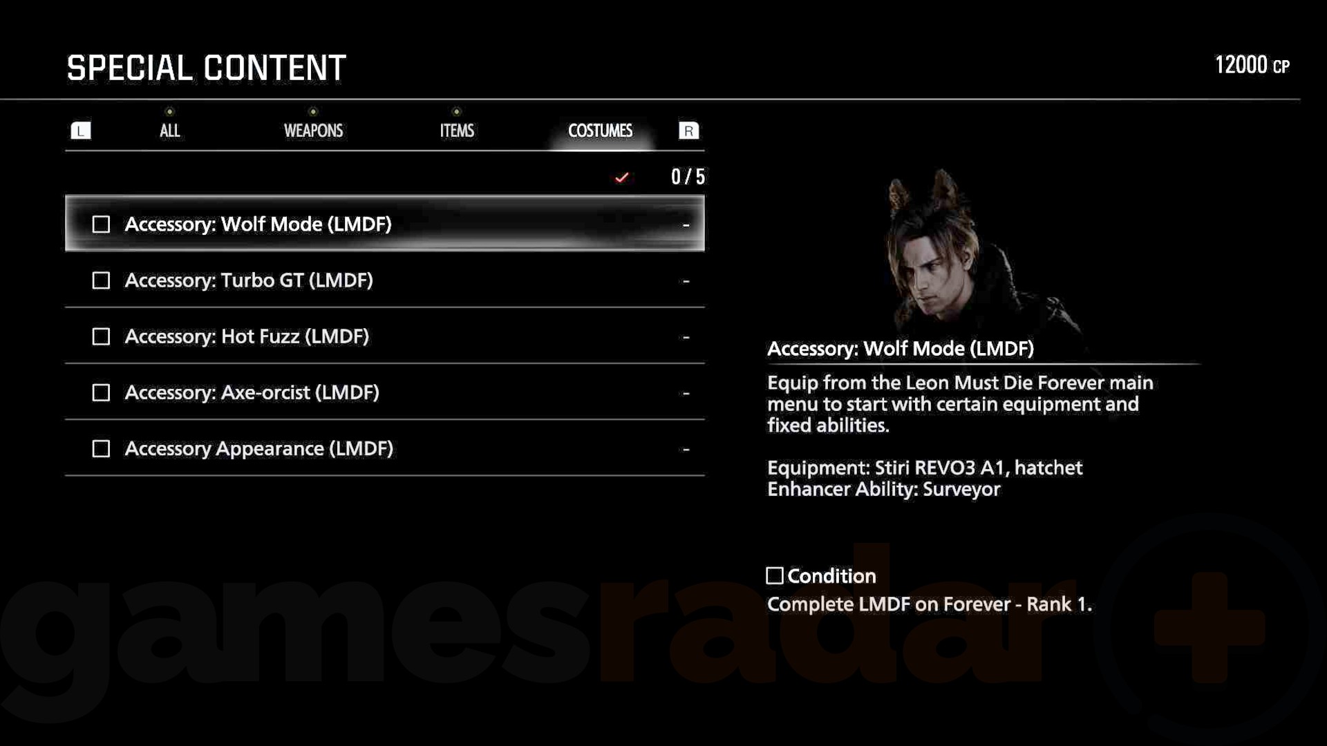 The menu where you unlock the LMDF Wolf skin in Re9