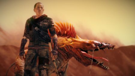 A man stands with a giant beast with dripping fangs