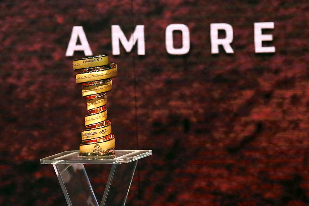 The Giro d'Italia trophy at the 2018 event presentation