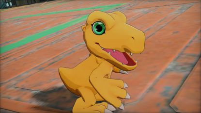 Agumon looks at the camera in Digimon Story: Time Stranger