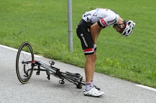 Giant-Alpecin's Tom Dumoulin feeling the pain after his crash in which he fractured his radius