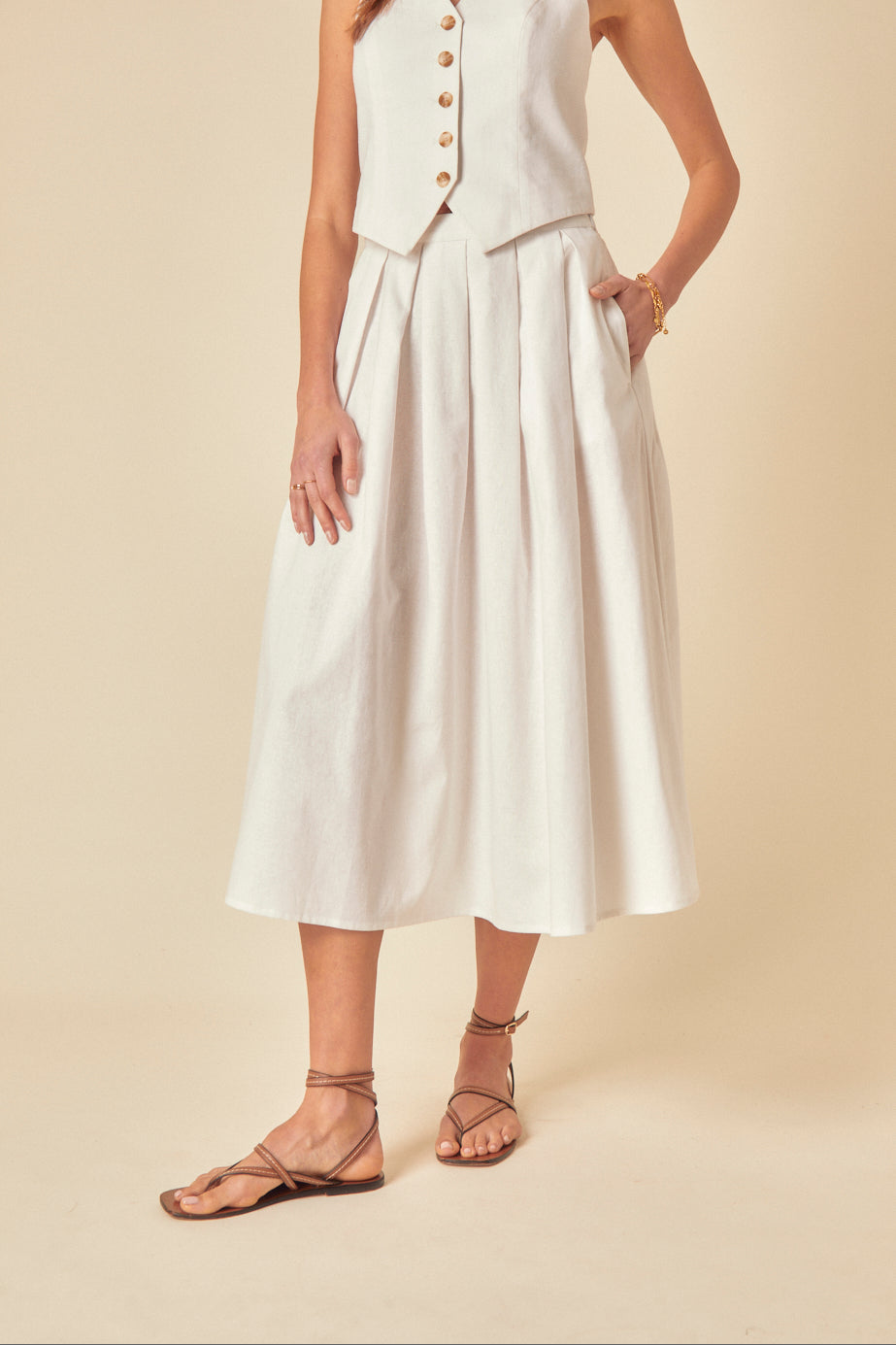 White Linen-Blend Pleated Tailored Midi Skirt