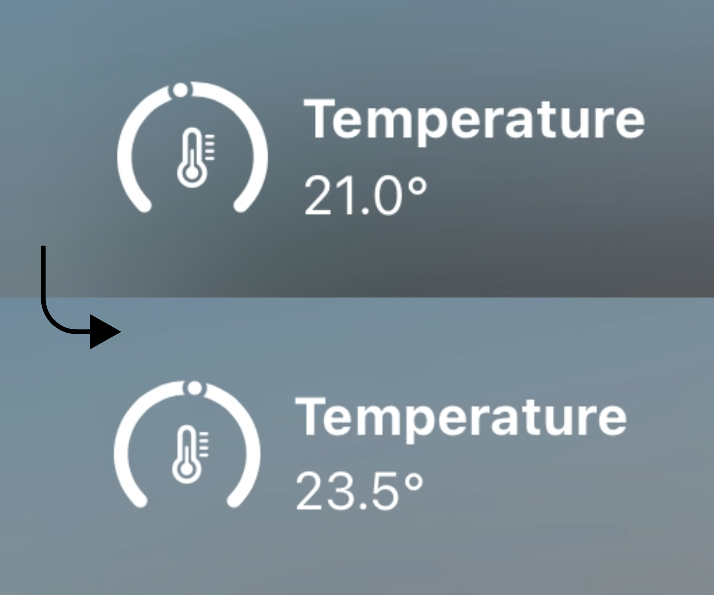 Screenshot of the 21 degree and 23.5 degree temperature difference on Megan&#039;s homepod app
