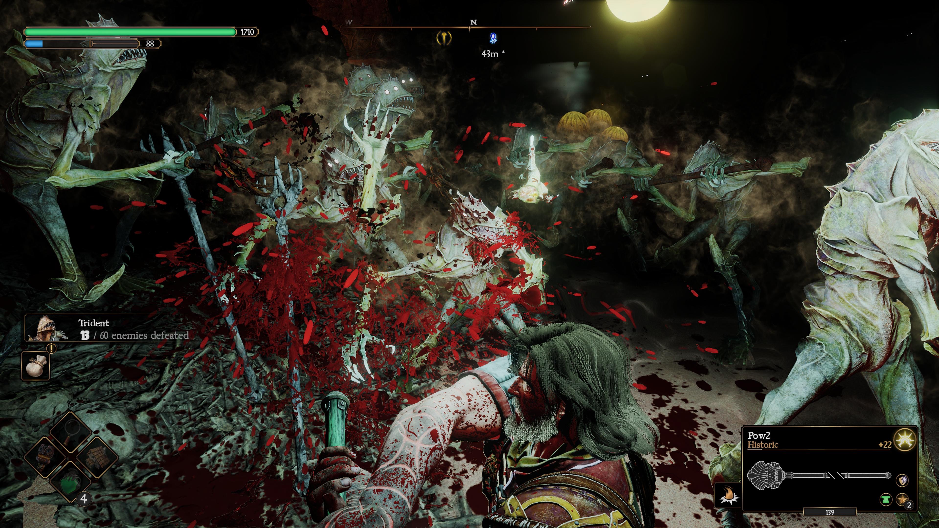 Blood splatters everywhere as Aran is set upon by fishy enemies in Blades of Fire