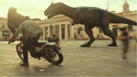An Allosaurus and a Carnotaurus in Jurassic World Dominion