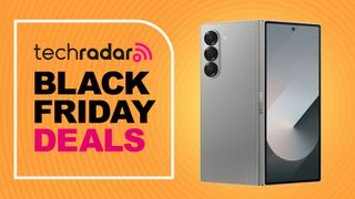 Samsung Galaxy Z Fold 6 on an orange background. Text reads: TechRadar Black Friday Deals