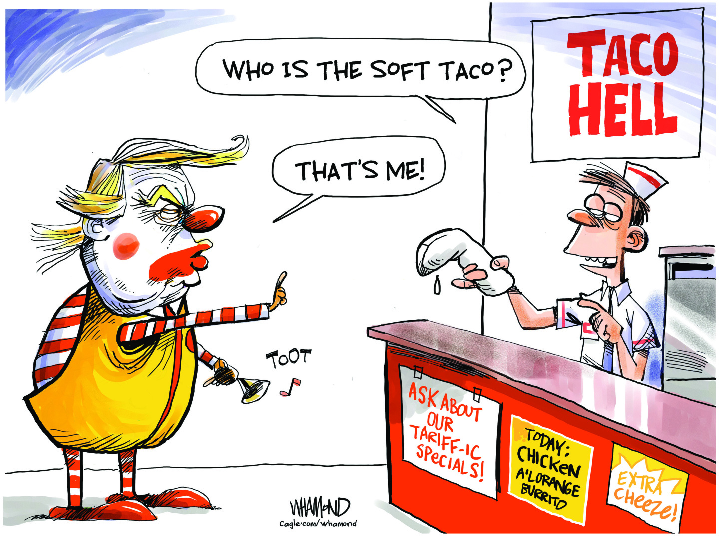 This political cartoon features Donald Trump dressed as a clown in a fast-food restaurant named “TACO HELL.” Behind the counter, a fast-food worker holds a flaccid-looking taco in a soft shell and asks, "Who is the soft taco?" Trump responds, “That’s me!”