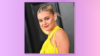 Kelsea Ballerini wears a yellow dress as she arrives at the 65th Annual GRAMMY Awards held at Crypto.com Arena on February 5, 2023 in Los Angeles, California./ in a purple and pink template