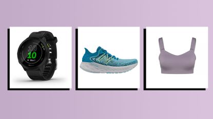 three picks of the best running gear on purple background 