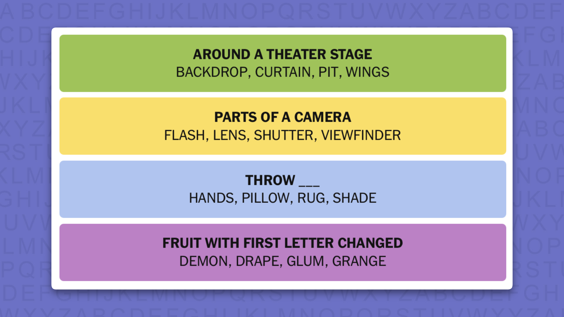 NYT Connections answers for game 1237 on a purple background