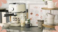 picture of coffee machine on counter with coffee accessories and mugs