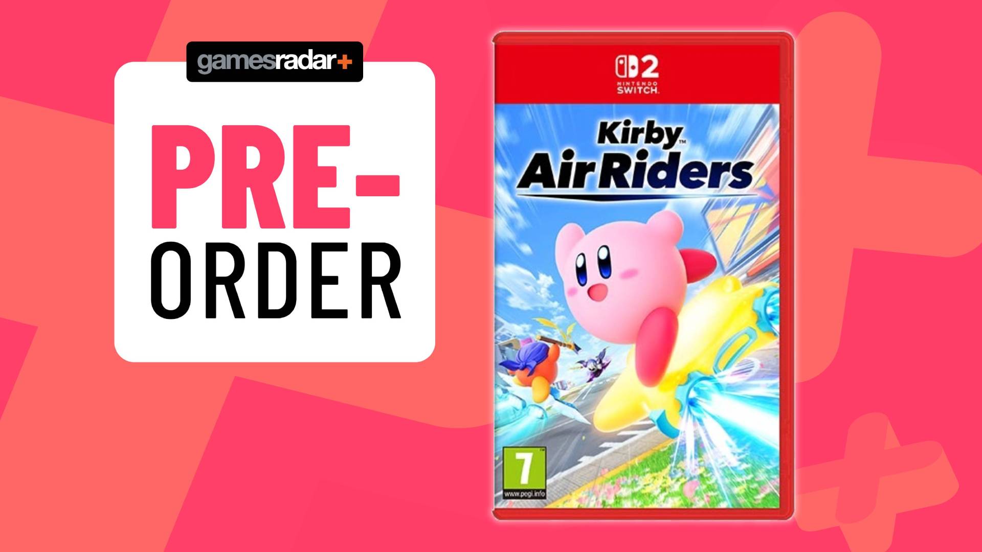 Image of the official Switch 2 box for Kirby Air Riders sitting on a pink GamesRadar+ background with a box that reads &quot;pre-order&quot; sitting to its left.