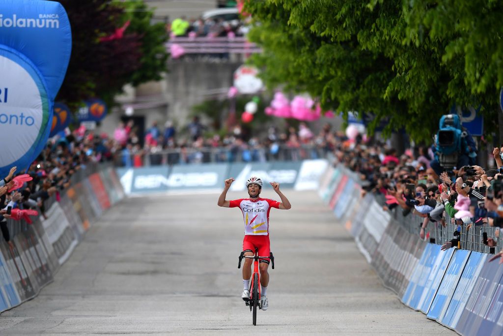 GUARDIA SANFRAMONDI ITALY MAY 15 Victor Lafay of France and Team Cofidis celebrates at arrival during the 104th Giro dItalia 2021 Stage 8 a 170km stage from Foggia to Guardia Sanframondi 455m girodiitalia Giro UCIworldtour on May 15 2021 in Guardia Sanframondi Italy Photo by Stuart FranklinGetty Images