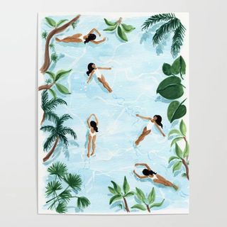 Charming ocean inspired art poster with swimmers and exotic leaves