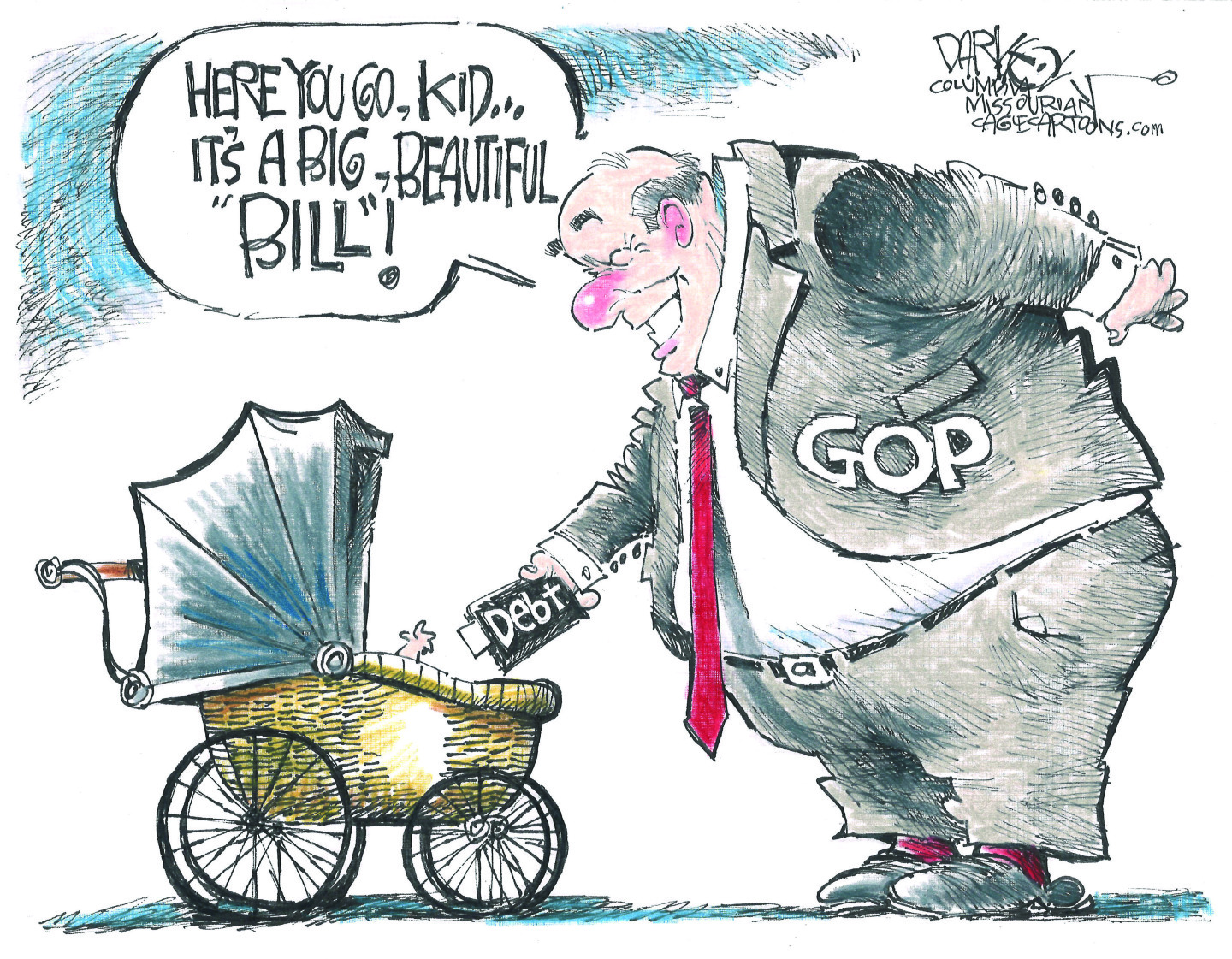 This cartoon shows an overweight politician in a suit labeled “GOP” handing a bill labeled “Debt” to a baby in a stroller. The politician says, “Here you go kid. It’s a big beautiful bill.”