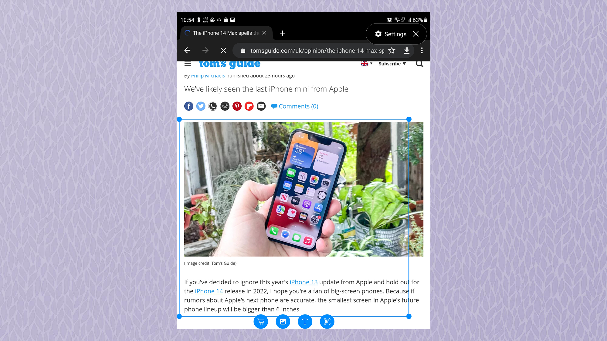 Снимок экрана Samsung Galaxy Z Fold3, показывающий изображение веб-страницы Tom's Guide