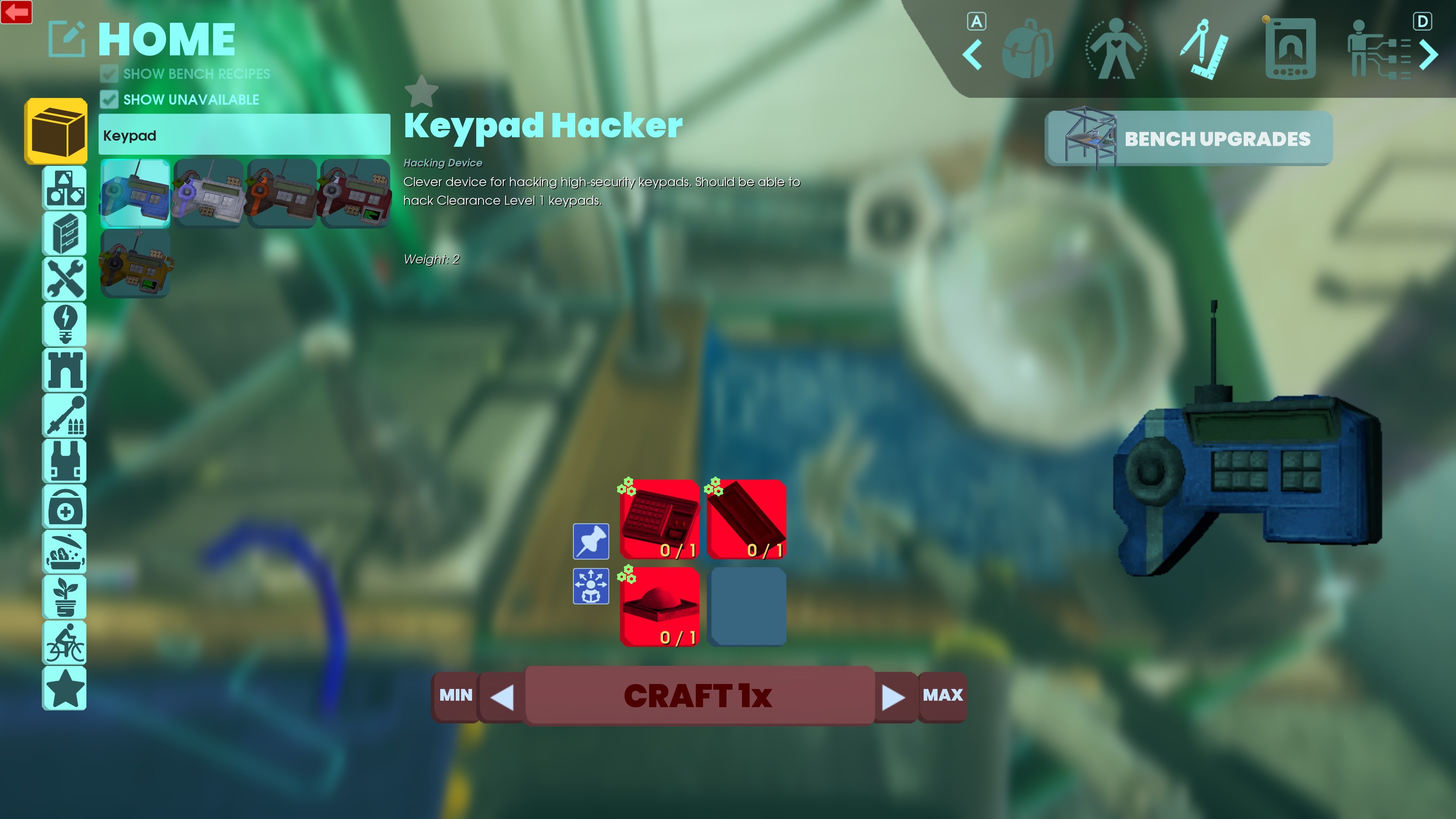 The Keypad Hacker idea in Abiotic Factor, visible from the crafting bench menu. It requires three items highlighted at the bottom to make it.