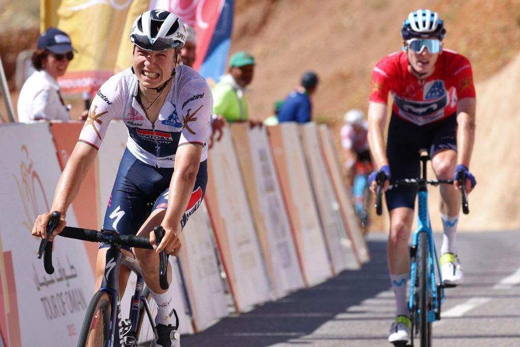 Belgian Mauri Vansevenant L of SoudalQuick Step reacts after winning the fifth stage of the 2023 Tour of Oman from Samail Al Fayhaa Resthouse to Jabal Al Akhdhar Green Mountain on February 15 2023 Photo by Thomas SAMSON AFP Photo by THOMAS SAMSONAFP via Getty Images