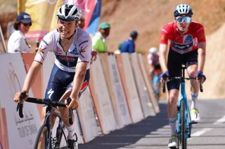 Belgian Mauri Vansevenant L of SoudalQuick Step reacts after winning the fifth stage of the 2023 Tour of Oman from Samail Al Fayhaa Resthouse to Jabal Al Akhdhar Green Mountain on February 15 2023 Photo by Thomas SAMSON AFP Photo by THOMAS SAMSONAFP via Getty Images